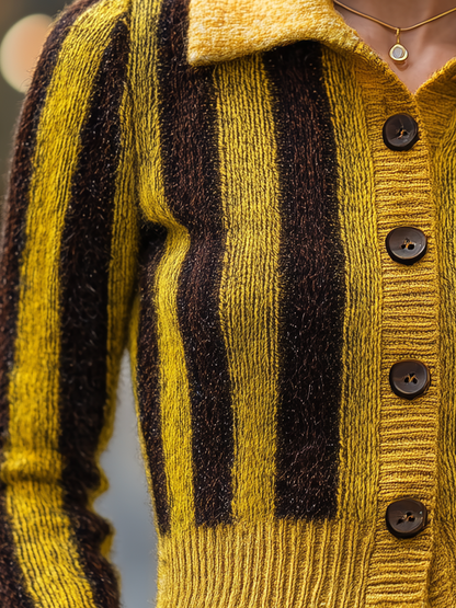 Yellow Brown Striped Collared Cropped Knit Cardigan