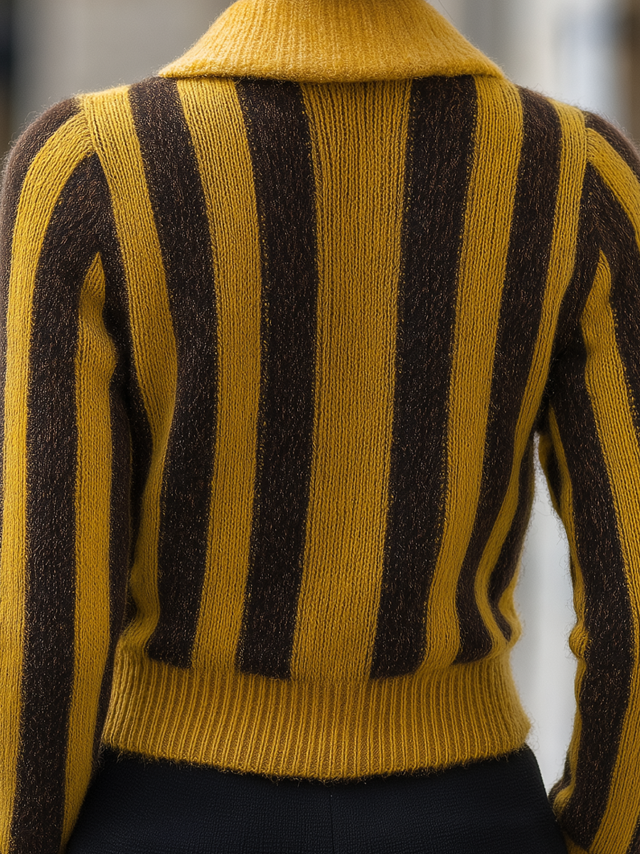 Yellow Brown Striped Collared Cropped Knit Cardigan