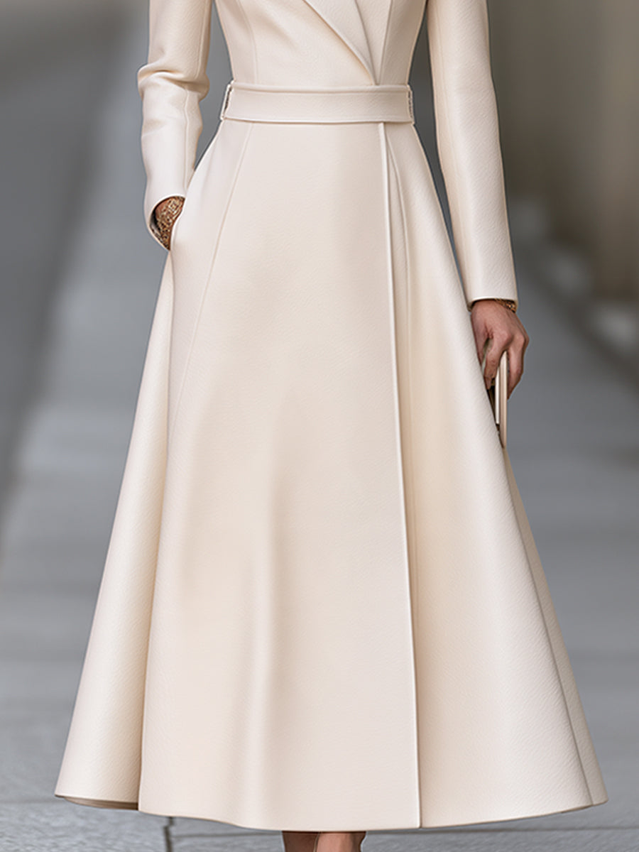 Elegant Ivory Belted Tailored Lapel A-Line Maxi Coat Dress