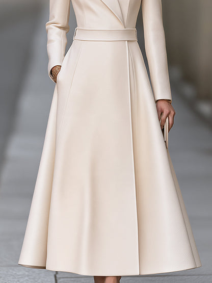 Elegant Ivory Belted Tailored Lapel A-Line Maxi Coat Dress