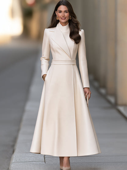 Elegant Ivory Belted Tailored Lapel A-Line Maxi Coat Dress