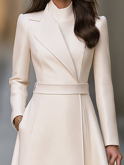 Elegant Ivory Belted Tailored Lapel A-Line Maxi Coat Dress