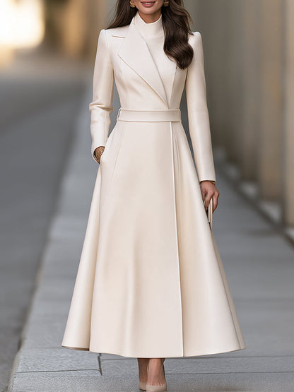 Elegant Ivory Belted Tailored Lapel A-Line Maxi Coat Dress