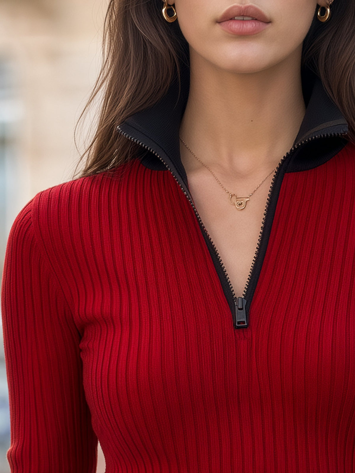 Contrast Side-Stripe Ribbed Zip-Up Sweater