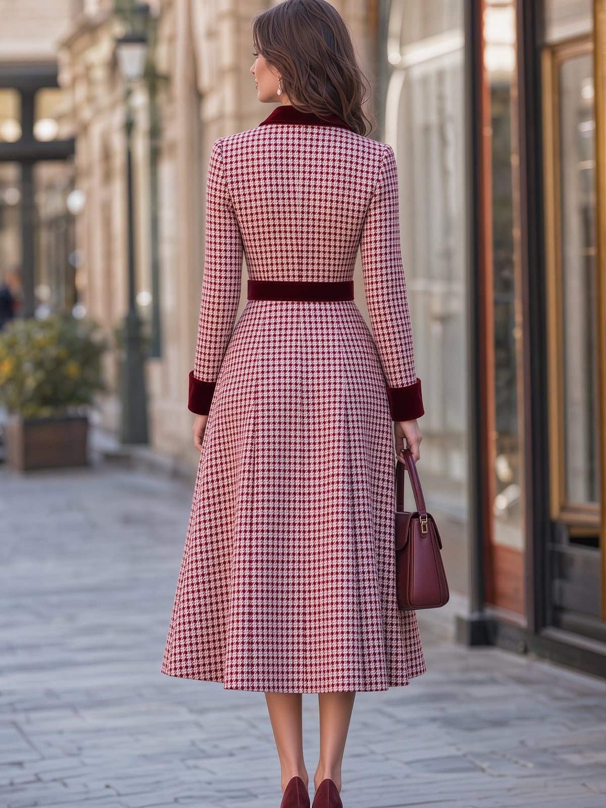 Velvet-Trimmed Houndstooth Belted Midi Dress
