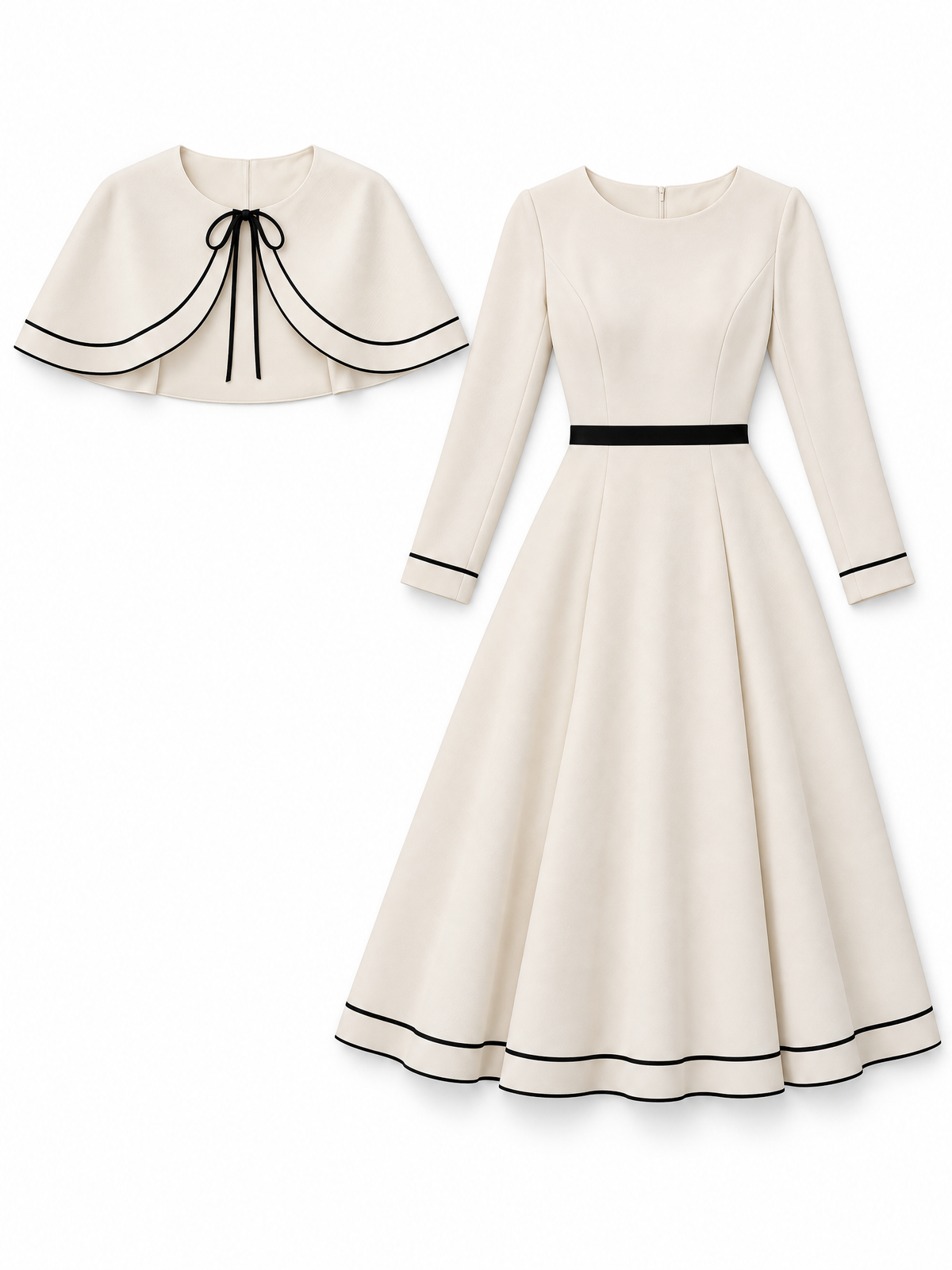 Two-piece Set Featuring An Ivory-white Cape With Black Piping And An A-line Midi Skirt