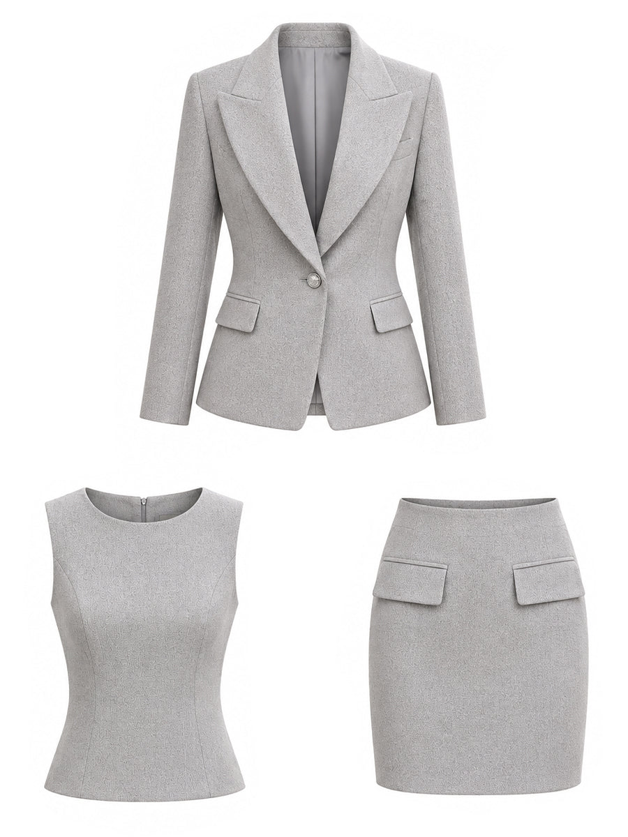 Three-Piece Tailored Blazer Sleeveless Top And Mini Skirt Set