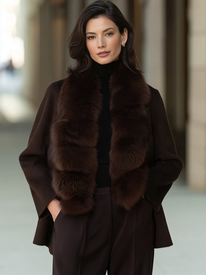 Plush Faux Fur Collar Woolen Open-Front Coat