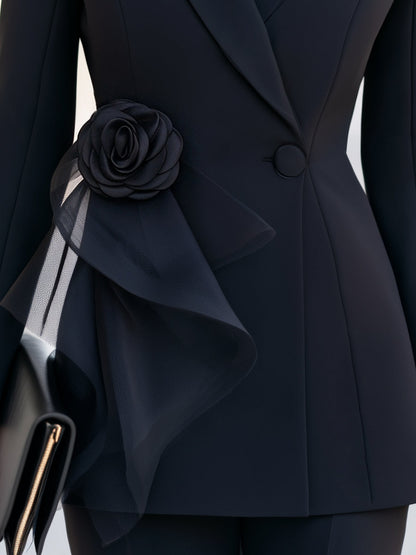 Floral Appliqué Tulle Ruffle Tailored Blazer