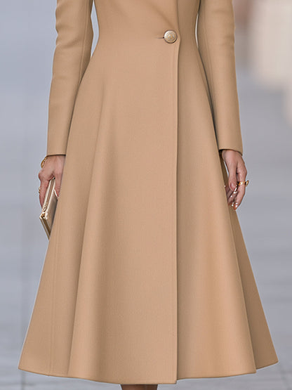 Elegant Camel Stand Collar Double Button A-Line Wool Coat