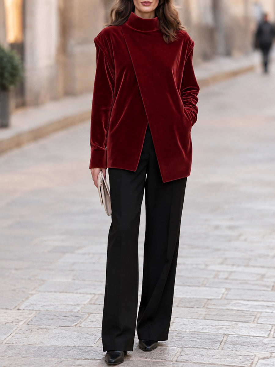 Burgundy Velvet Mock Neck Asymmetric Wrap Front Long Sleeve Tunic Top