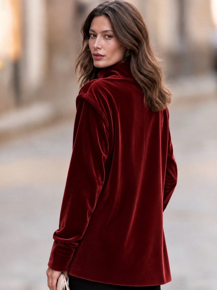 Burgundy Velvet Mock Neck Asymmetric Wrap Front Long Sleeve Tunic Top