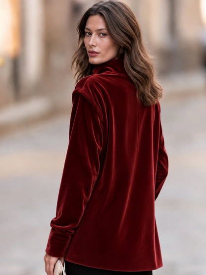 Burgundy Velvet Mock Neck Asymmetric Wrap Front Long Sleeve Tunic Top