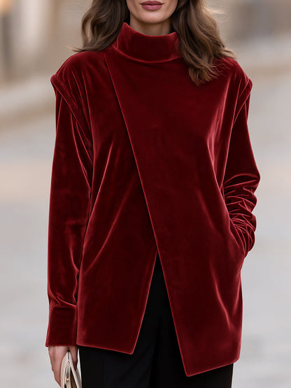 Burgundy Velvet Mock Neck Asymmetric Wrap Front Long Sleeve Tunic Top