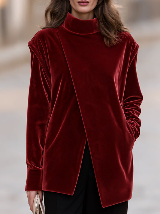 Burgundy Velvet Mock Neck Asymmetric Wrap Front Long Sleeve Tunic Top