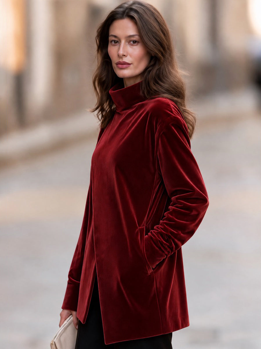 Burgundy Velvet Mock Neck Asymmetric Wrap Front Long Sleeve Tunic Top