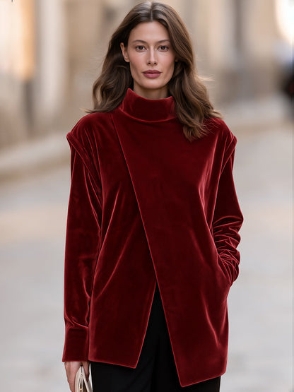 Burgundy Velvet Mock Neck Asymmetric Wrap Front Long Sleeve Tunic Top