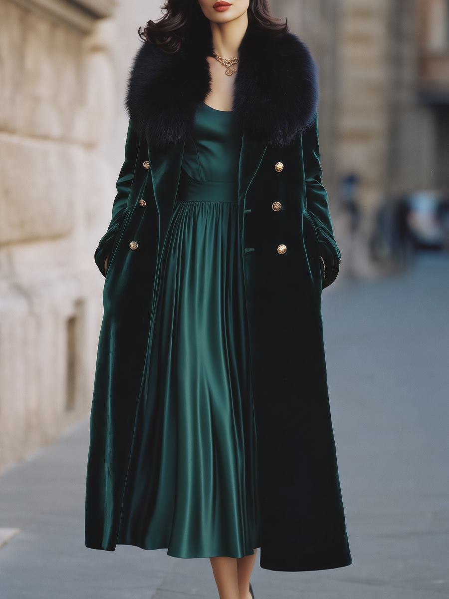 Dark Green Velvet Faux Fur Collar Long Coat & Satin Slip Midi Dress Two-Piece Set