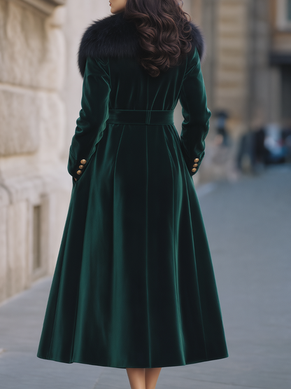 Dark Green Velvet Faux Fur Collar Long Coat & Satin Slip Midi Dress Two-Piece Set