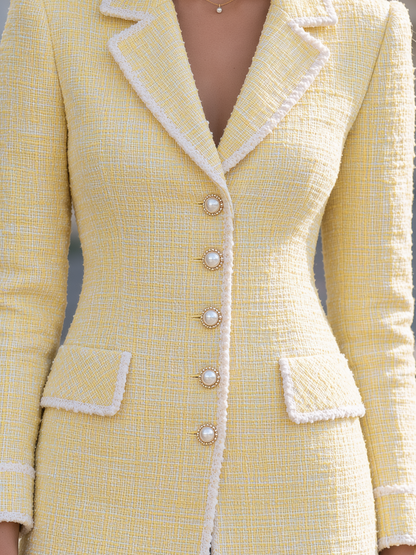 Classic Notched Lapel Pearl Button Fitted Tweed Blazer
