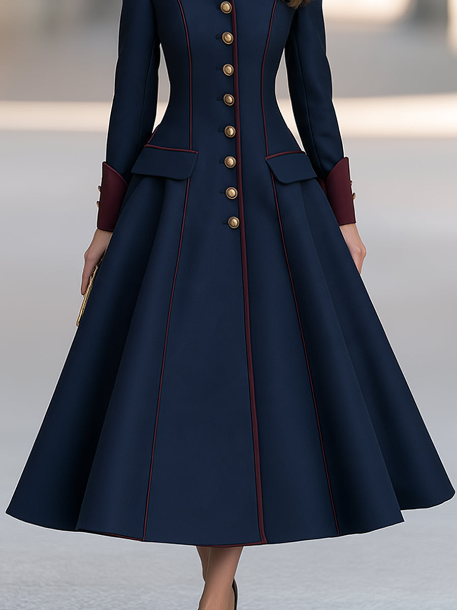 Women’s Vintage Burgundy Trim Navy Blue A-Line Wool Coat