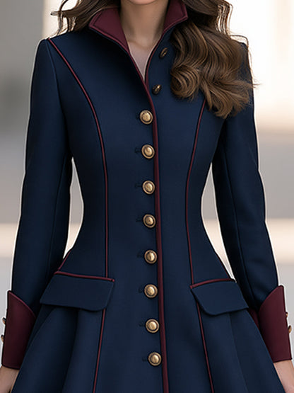 Women’s Vintage Burgundy Trim Navy Blue A-Line Wool Coat