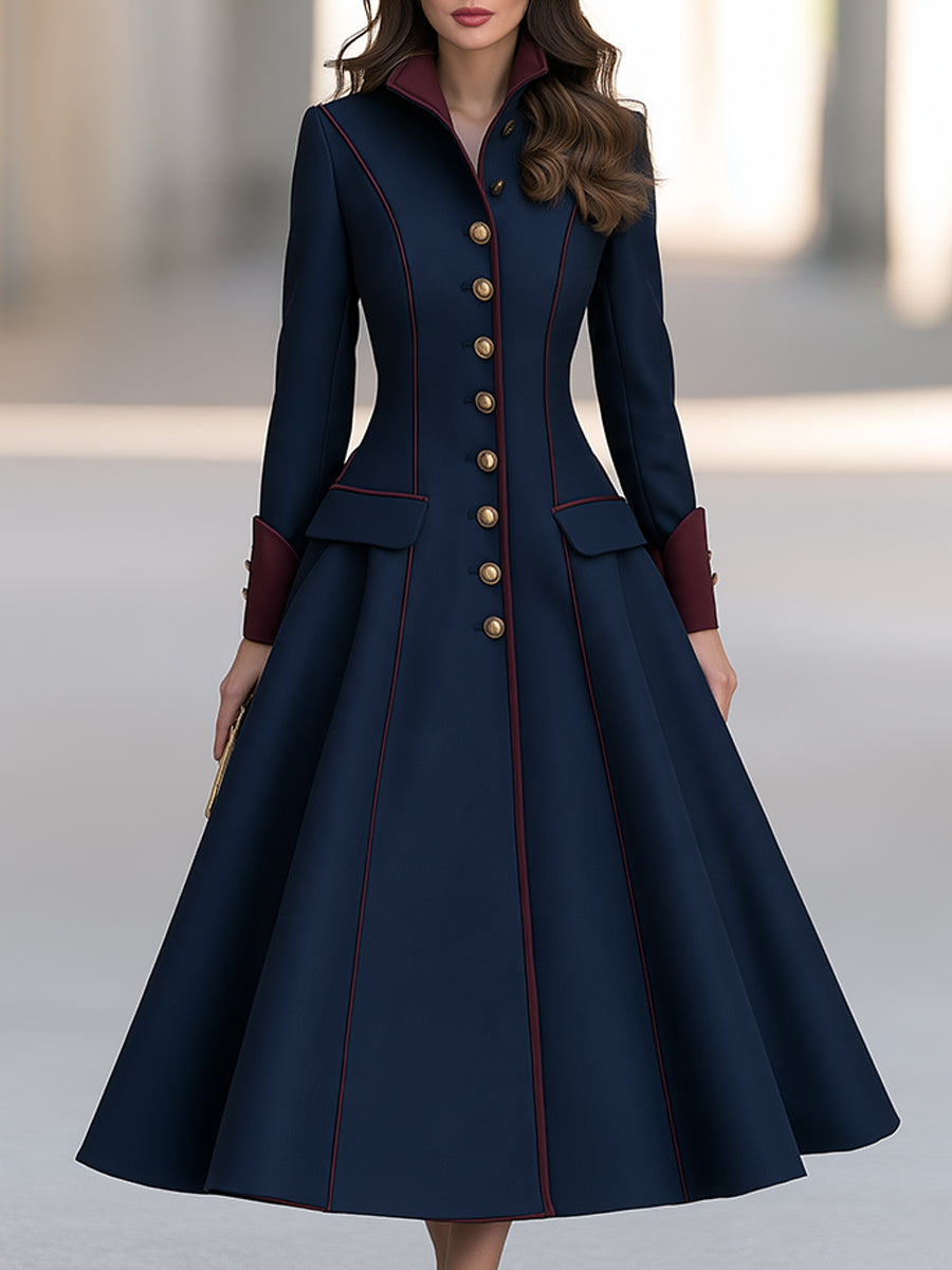 Women’s Vintage Burgundy Trim Navy Blue A-Line Wool Coat