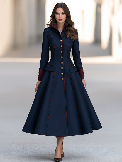 Women’s Vintage Burgundy Trim Navy Blue A-Line Wool Coat