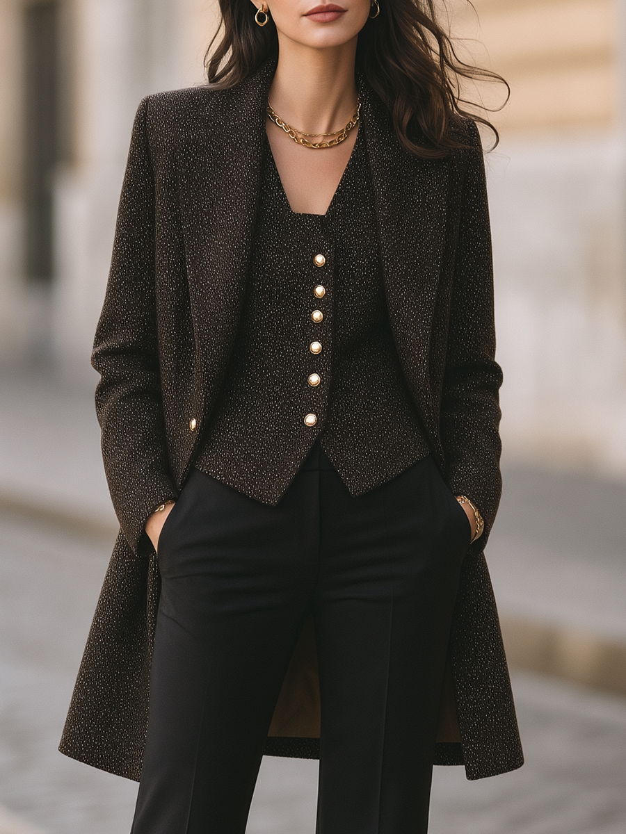 Dark Speckled Tweed Long Coat & Matching Waistcoat Two-Piece Set