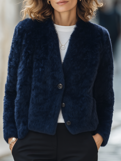 Navy Blue Faux Fur V-Neck Button Front Cropped Jacket