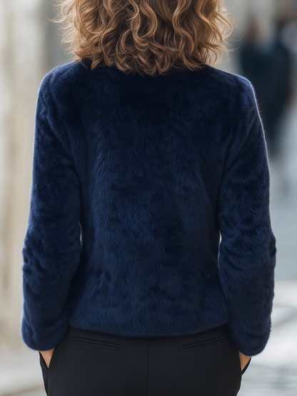Navy Blue Faux Fur V-Neck Button Front Cropped Jacket