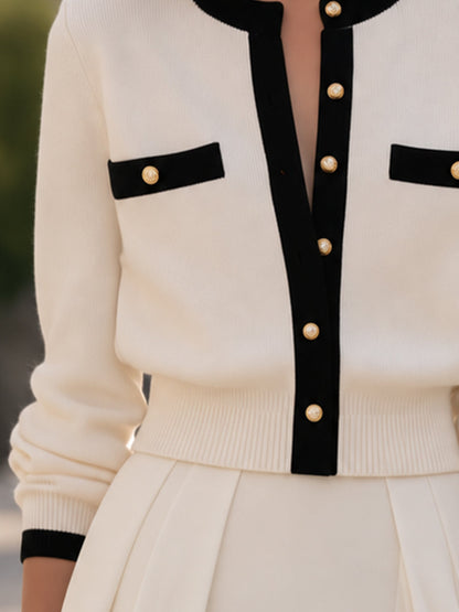 Contrast-Trim Pearl-Button Knit Cardigan