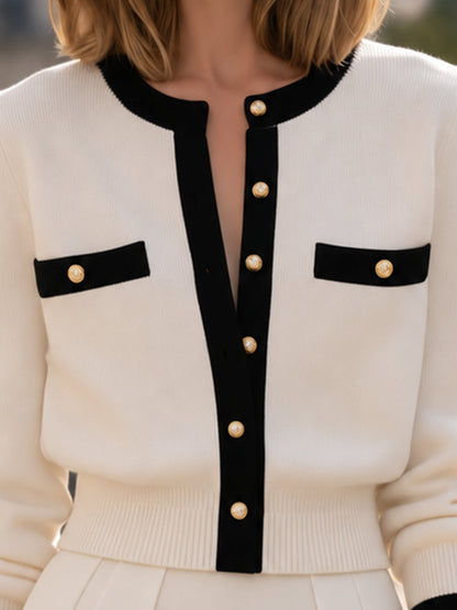 Contrast-Trim Pearl-Button Knit Cardigan