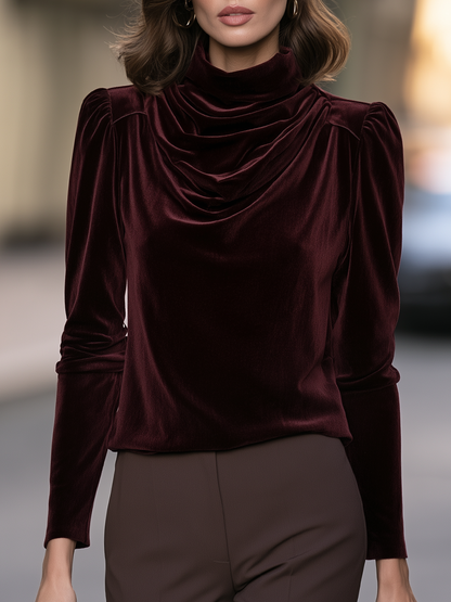 Velvet Draped Neck Puff Shoulder Top