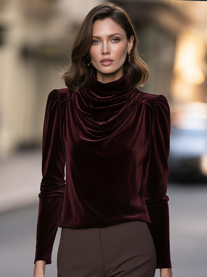 Velvet Draped Neck Puff Shoulder Top