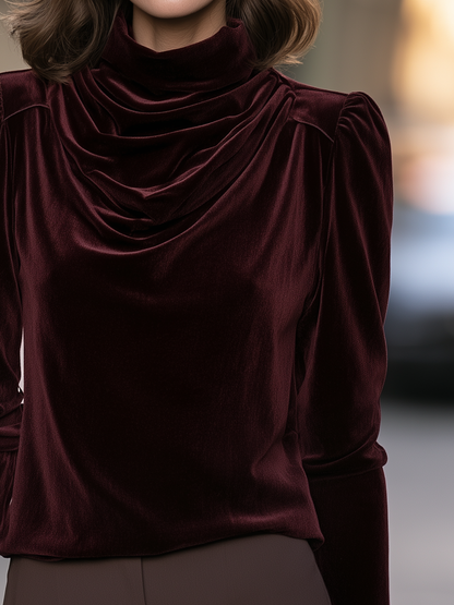 Velvet Draped Neck Puff Shoulder Top