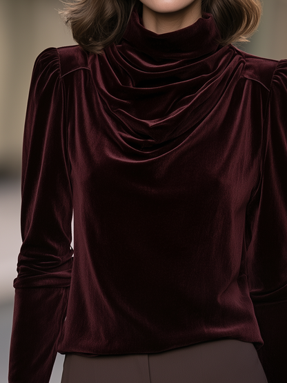 Velvet Draped Neck Puff Shoulder Top