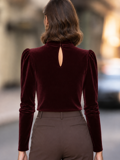 Velvet Draped Neck Puff Shoulder Top