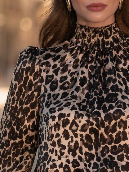 Leopard Print Satin High-Neck Blouse