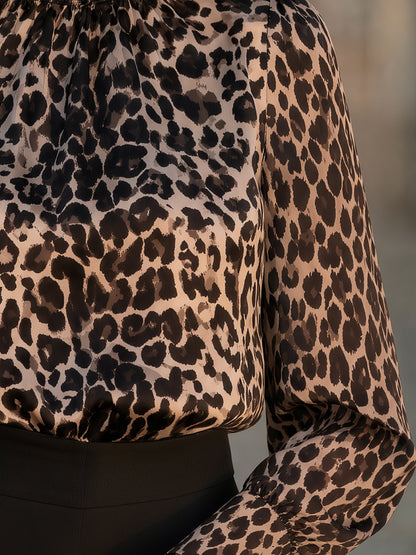 Leopard Print Satin High-Neck Blouse