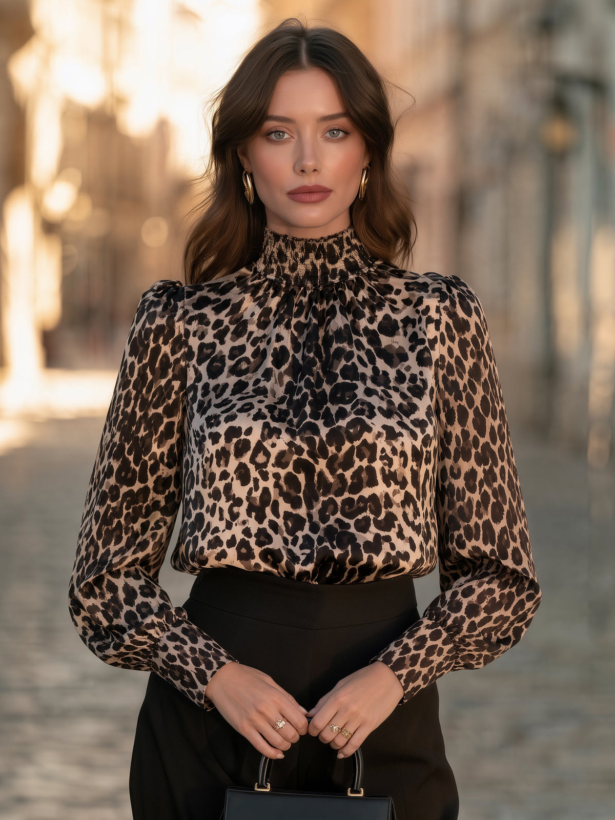 Leopard Print Satin High-Neck Blouse