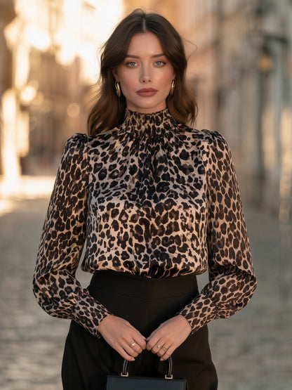 Leopard Print Satin High-Neck Blouse