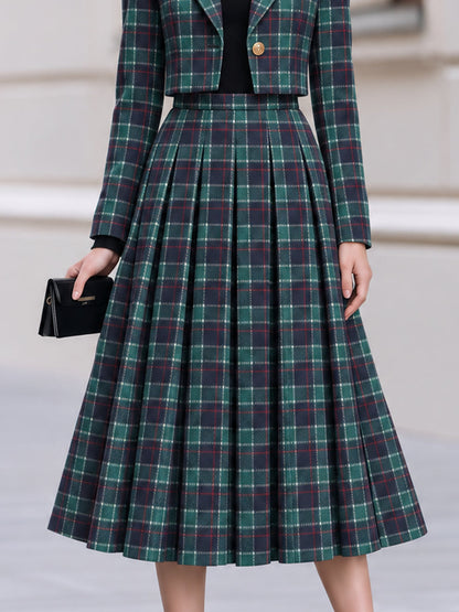 Tartan Plaid Cropped Blazer & Pleated Midi Skirt Co-Ord Set