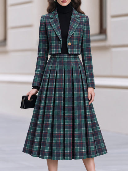 Tartan Plaid Cropped Blazer & Pleated Midi Skirt Co-Ord Set