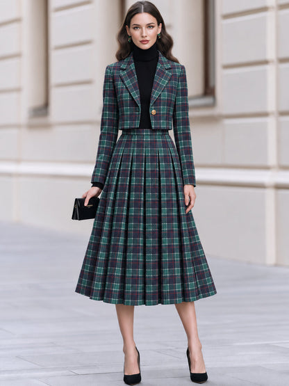 Tartan Plaid Cropped Blazer & Pleated Midi Skirt Co-Ord Set