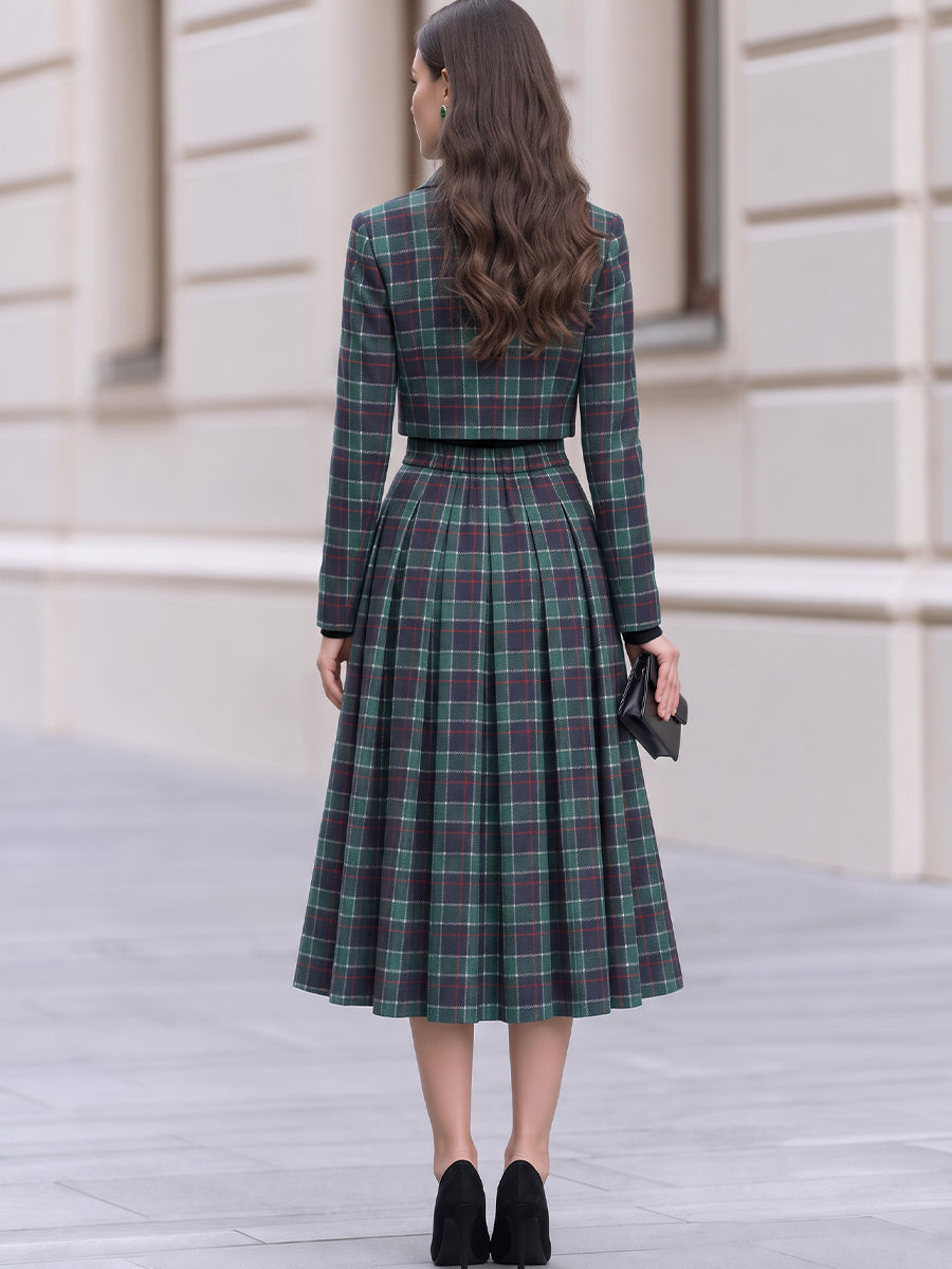 Tartan Plaid Cropped Blazer & Pleated Midi Skirt Co-Ord Set