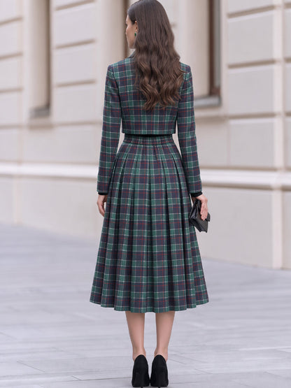 Tartan Plaid Cropped Blazer & Pleated Midi Skirt Co-Ord Set