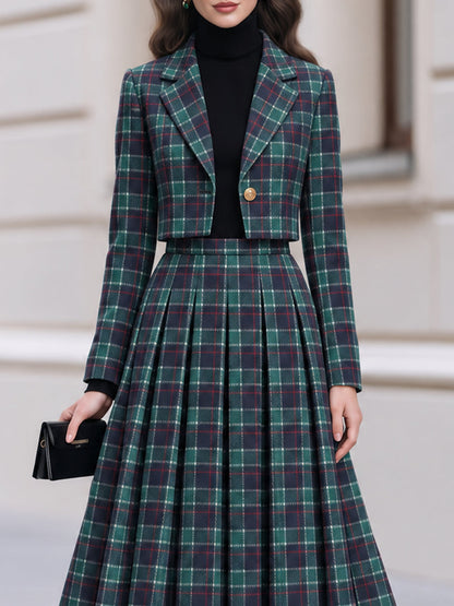 Tartan Plaid Cropped Blazer & Pleated Midi Skirt Co-Ord Set