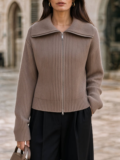 Wide-Collar Zip-Up Ribbed Knit Cardigan