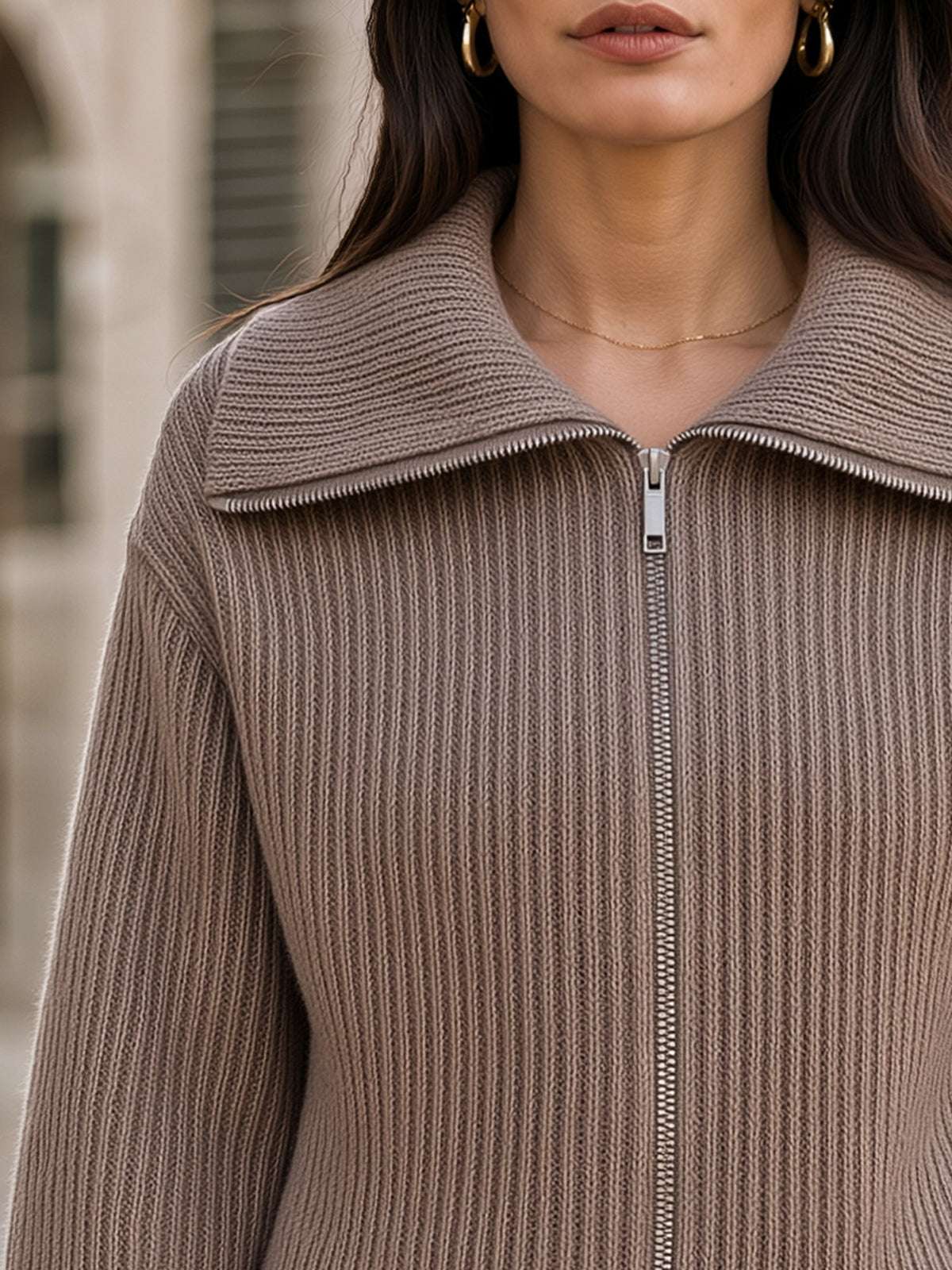 Wide-Collar Zip-Up Ribbed Knit Cardigan